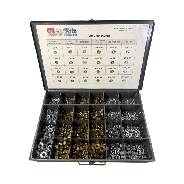 Nut Assortment - 1290 Pieces Standard and Metric Flange, Hex, and